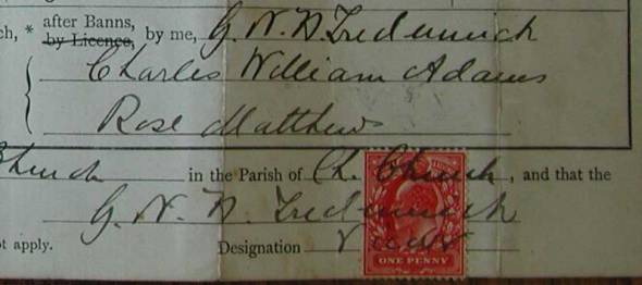 Extract of marriage certificate showing One Penny  King George V revenue stamp