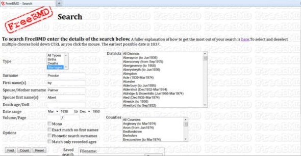 FreeBMD search page