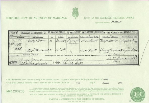 Marriage Certificate George Brown & Alice Macdonald