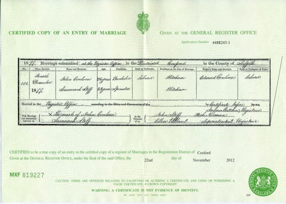 Marriage Certificate John Coulson & Susannah Stiff