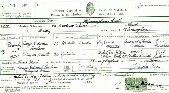 Marriage Certificate - Coulson, George Edward &amp; Smith, Winifred