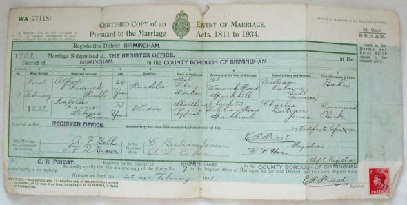 Marriage Certificate - Alfred Frederick Bull & Isabelle Frances Rebecca Brown