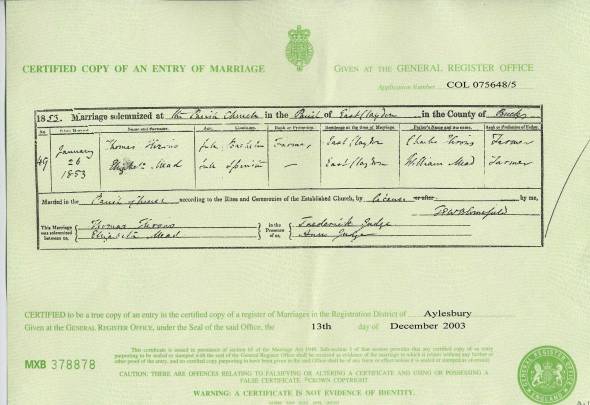 Marriage Certificate - Thomas Hirons & Elizabeth Mead