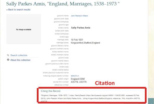 FamilySearch index entry for marriage of Sally Parkes Amis and John Pearson 