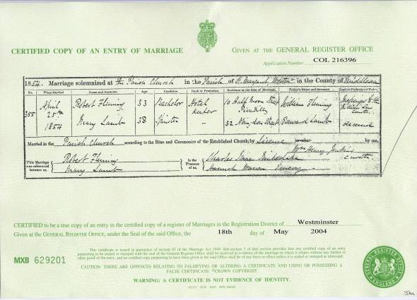 Marriage Certificate - Robert Fleming & Mary Lamb