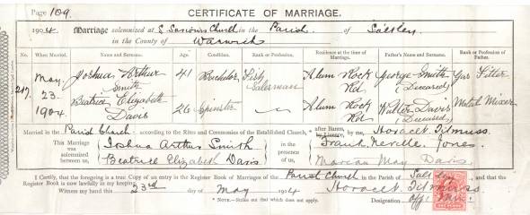 Marriage Certificate - Joshua Arthur Smith & Beatrice Elizabeth Davis