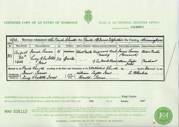 Marriage Certificate-James Turner & Lucy Charlotte Jones