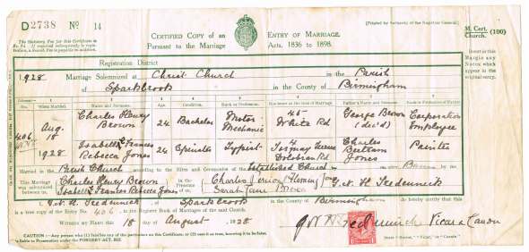 Marriage Certificate - Charles Henry Brown & Isabelle Frances 