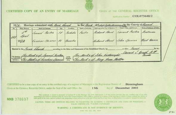 Marriage Certificate - Samuel Barton & Caroline Spencer