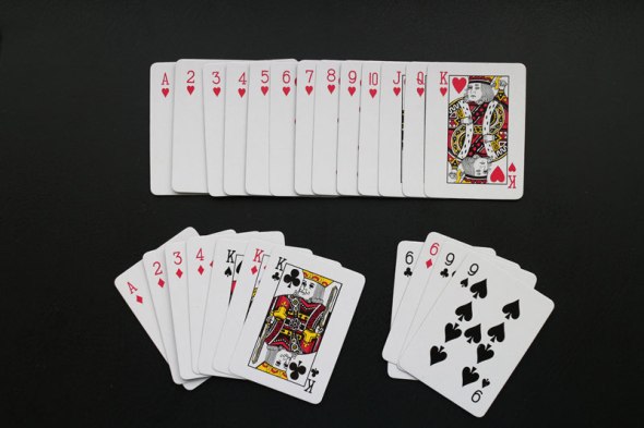 Three card arrangements. Hearts suit (top), rummy hand (left), cribbage hand (right)