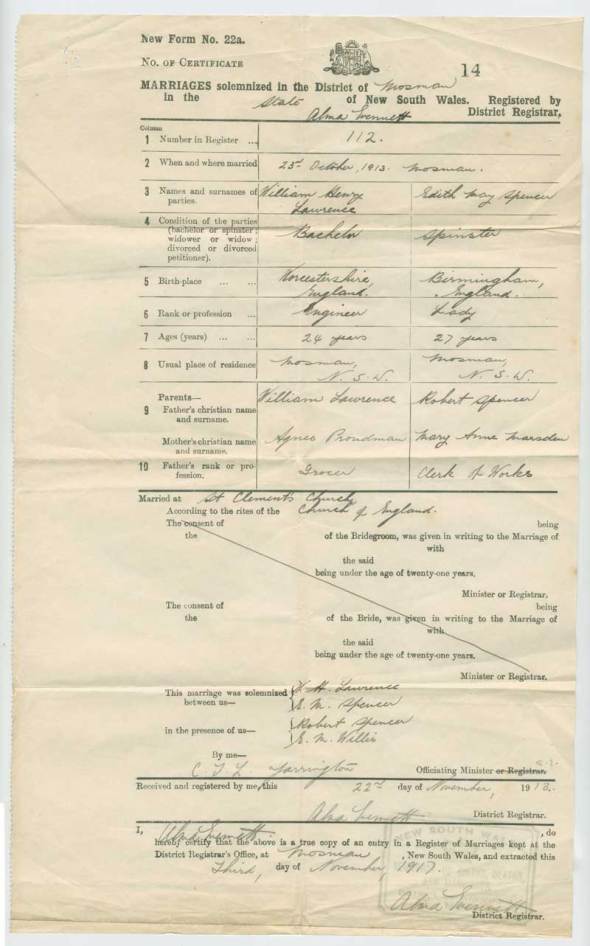 Marriage certificate. New South Wales, Australia. William Henry Lawrence & Edith May Spencer. 25 October 1913 WHL/1/2/2